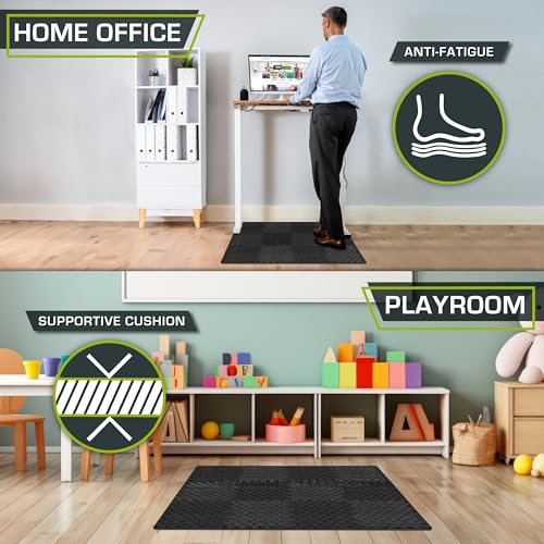 ProsourceFit Exercise Puzzle Mat ½-inch, Checkered EVA Foam Floor Tiles w/ Non-Slip Texture, Interlocking Design for Adjustable Gym Surfaces, Shock Absorbing, Black, 12 SQ FT - 12 Tiles
