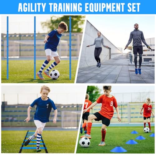 Soccer Agility Training Equipment, Includes 20ft Agility Ladder, 6 Adjustable Agility Poles, 10 Disc Cones, Jump Rope-Speed Training Set for Soccer Football Basketball Athletes - color: Blue