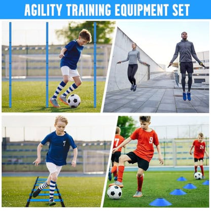 Soccer Agility Training Equipment, Includes 20ft Agility Ladder, 6 Adjustable Agility Poles, 10 Disc Cones, Jump Rope-Speed Training Set for Soccer Football Basketball Athletes - color: Blue