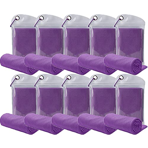 10 Pack Cooling Towels Bulk Microfiber Ice Towel Quick Dry Breathable Chilly Sweat Towel Stay Cool Towel for Neck Face Yoga Gym Workout Running Pilates Beach with Carabin Bag, 40x12'', Purple - color: Purple