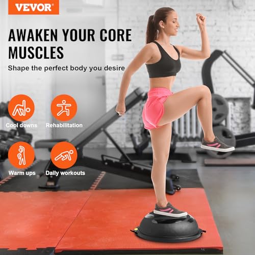 VEVOR Half Exercise Ball Trainer, 23/26 inch Balance Ball Trainer, 1500lbs Capacity Stability Ball, Yoga Ball with Resistance Bands & Foot Pump, Strength Fitness Ball for Home Gym Full Body Workout - color: 26" Waterflow Black