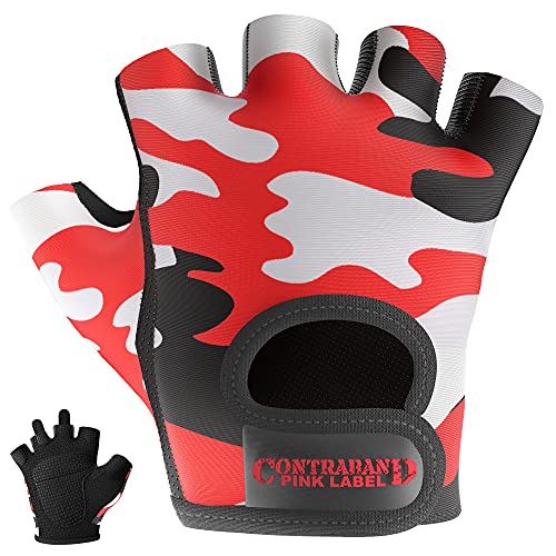 Contraband Pink Label 5217 Women's Design Series Camo Print Lifting and Rowing Gloves (Pair) - Lightweight Vegan Medium Padded Microfiber Amara Leather w/Griplock Silicone - color: Red, size: Medium