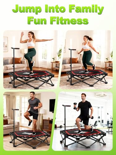 42" Foldable Mini Trampoline- 450lb Capacity Fitness Rebounder w/3-Level Adjustable T-Bar, Adults Workout Trampoline, Non-Slip Pad | Foldable Design for Home/Gym