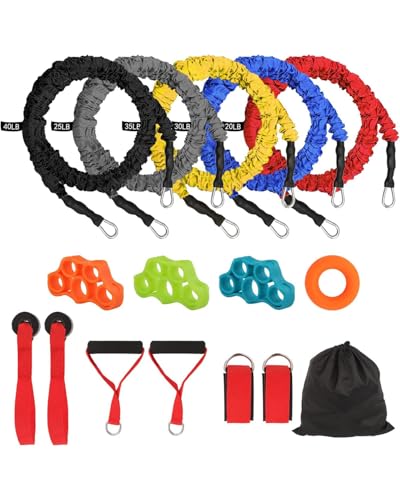 Resistance Bands Set with Protective Nylon Sleeves, 15-Pack Anti-Snap Exercise Bands (Up to 150 lbs), Heavy Duty Workout Bands with Handles, Door Anchor, Ankle Straps for Resistance Training
