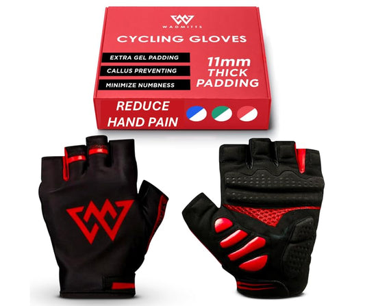 11mm Extra Thick Half Finger Padded Cycling Gloves – Shock-Absorbing, Anti Chatter Bike Gloves for Men and Women Cycling, Lifting, Wheelchair Use - color: Black, Red, size: X-Large