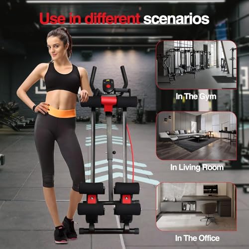 Dual Track Fitness Ab Machine Ab Cruncher, Adjustable Height Waist Trainer, Foldable Home Gym Equipment with 4 Adjustable Resistance Levels and Resistance Bands