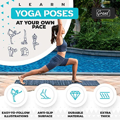 Instructional Yoga Mat with Carrying Strap: Cute Yoga Mat with 75 Illustrated Yoga Poses + 75 Easily-Followed Stretching Exercises - 1/4” Thick, Non-Toxic, Non-Slip Yoga Mats for Women and Men - color: Jet Black (72" x 32")