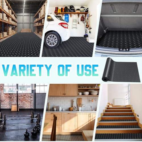 16 in x 20 ft Rubber Diamond Plate Rolls Garage Floor Mat for Under Car, Heavy Duty Flooring Rug for Trailers Garage, PVC Water/Stain Outside Stall Resistant Parking Rv Tool(Black)