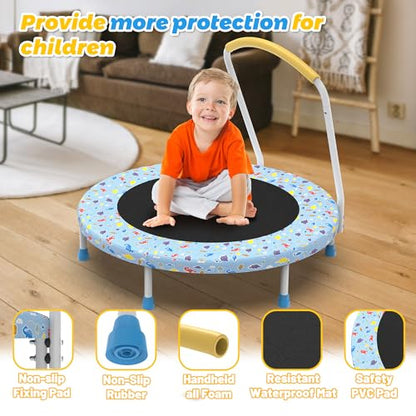36" Mini Toddler Trampoline with Handles, Indoor Quiet Kids Trampoline with Super Safety Mat and Durable Steel Frame, Indoor/Outdoor - color: Light Blue Print