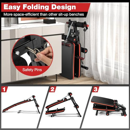 Goplus 7 in 1 Sit up Bench, Foldable Decline Incline Bench w/4 Position Adjustable Height & 2 Elastic Ropes for Strength Training, Curved AB Slant Board Workout Equipment for Home Gym Fitness, 330 LBS