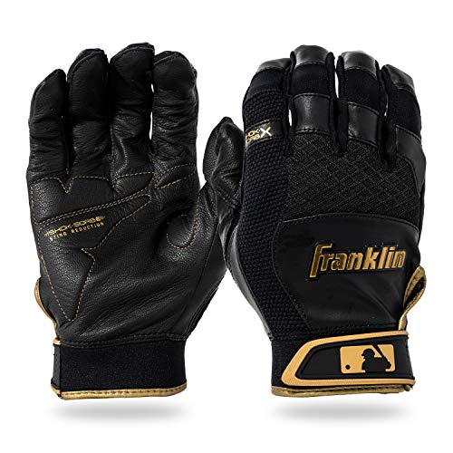 Franklin Sports MLB Baseball Batting Gloves - Shok-Sorb X Batting Gloves for Baseball + Softball - Adult + Youth Padded Non-Sting Batting Glove Pairs - Multiple Colors + Sizes - color: Black/Gold, size: Adult Large