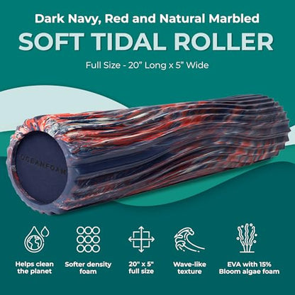 Soft Tidal Roller (Dark Navy, Red and Natural Marbled) - Low Density Foam Roller for Physical Therapy, Back Pain, Exercise & Stretching - Wave Textured - Yoga, Wellness - Full Size, 20" x 5" - color: Dark Navy, Red & Natural Marbled