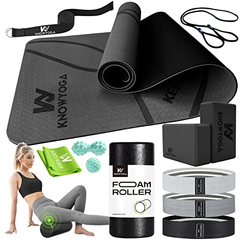 Yoga Starter Kit 12 in 1 - Yoga Set Include Yoga Mat, Foam Roller, 4 Resistance Bands, Yoga Blocks 2 Pack with Strap, 2 Peanut Massage Balls, Yoga kit and Sets for Beginners - style: BLACK