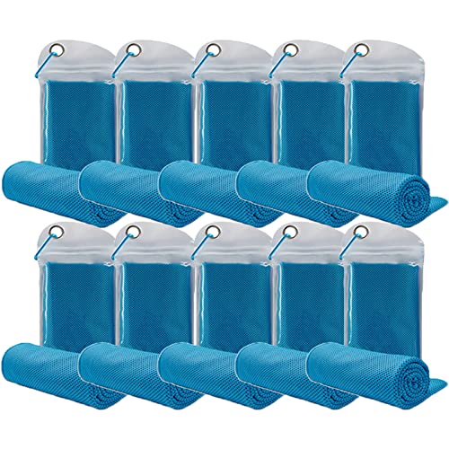 10 Pack Cooling Towels Bulk Microfiber Ice Towel Quick Dry Breathable Chilly Sweat Towel Stay Cool Towel for Neck Face Yoga Gym Workout Running Pilates Beach with Carabin Bag, 40x12'', Blue - color: Light Blue