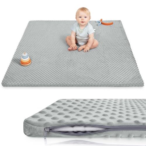 Huloo Sleep Baby Play Mat for Floor, Extra Thick 50x50 Inches Padded Mat with Ultra Soft 3D Minky Dot & Removable Washable Cover, Tummy Time Rug, Crawling Surface for Infant Toddler Kids (Grey) - color: Grey, size: 50"×50"×1.3"