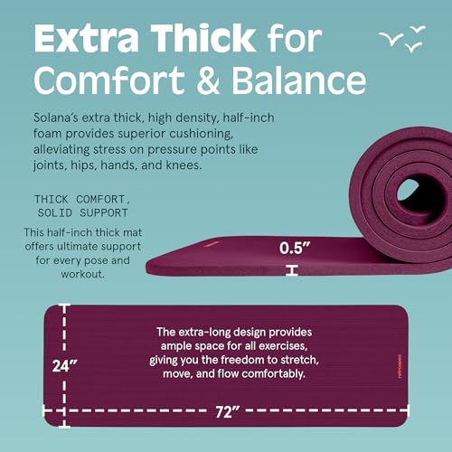 Retrospec Solana Yoga Mat Thick 1/2in Non-Slip Workout Mat with Nylon Strap - 72x24in Exercise Mat for Pilates, Stretching & Fitness - BPA Free, Easy Clean - color: Boysenberry