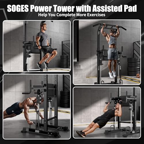soges Power Tower Pull Up Bar Station, Height Adjustable Multi-Function Dip Station with Assisted Pad for Home Gym, 330Lbs Capacity Full Body Strength Training Workout Equipment for Beginners & Pros