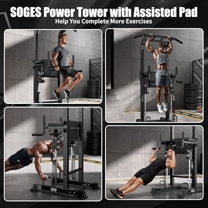 soges Power Tower Pull Up Bar Station, Height Adjustable Multi-Function Dip Station with Assisted Pad for Home Gym, 330Lbs Capacity Full Body Strength Training Workout Equipment for Beginners & Pros