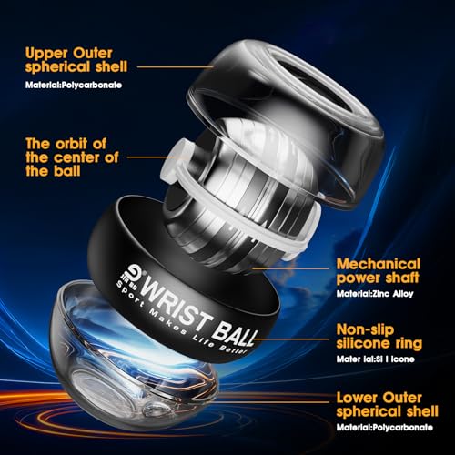 JIN BD Auto-Start Wrist Ball, Gyroscopic Desk Toy & Wrist Trainer（Black LED Light Model）