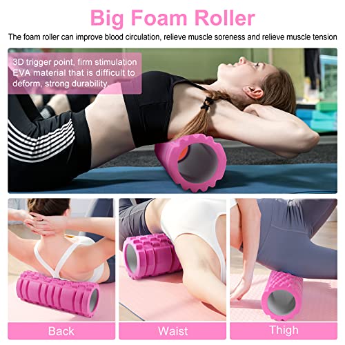 Aucuu 5 in 1 Foam Roller Set Includes Hollow Core Massage Roller, Yoga Stick, Massage Ball, Fitness Stretching Strap, Carrying Bag, Towel, Massage Roller (Pink) - color: Pink