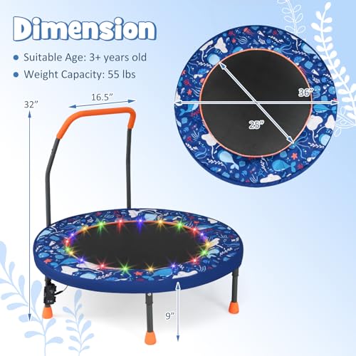 GYMAX 36” Toddler Trampoline with Lights, Folding Springless ASTM Approved Small Kids Rebounder with Foam Handle, Safety Padded Cover & Foldable Legs, Mini Indoor Baby Trampolines - color: Dark Blue