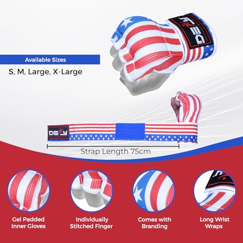 DEFY Padded Inner Gloves Quick 75cm Long Strap – Inner Boxing Gloves Gel Padded Knuckle Protection – Elasticated Boxing Hand Wraps for MMA Muay Thai Kickboxing Martial Arts Pair