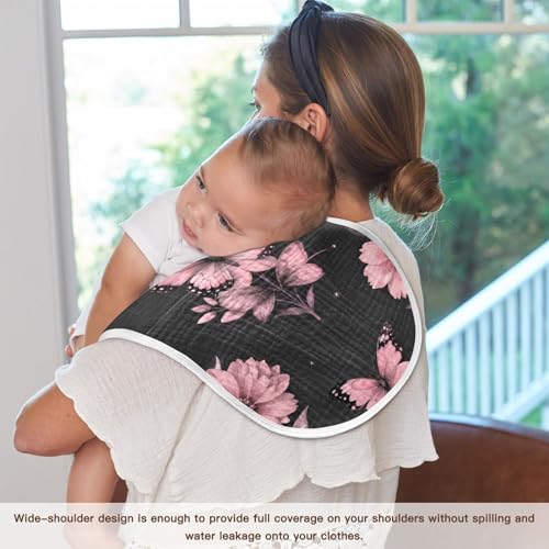 Butterfly Floral Pink Moon Muslin Burp Cloths 1 Pack - Extra Large 22"x11", 4-Layer Soft Absorbent Cotton, Waterproof Backing, Baby Drool Rags for Newborn