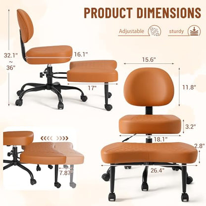 Homall Ergonomic Cross Legged Office Desk Chair with Wheels, 360° Swivel and Adjustable Height for Meditation and ADHD,Criss Cross Kneeling Chair with Lumbar Support (Leather, Brown) - color: Brown