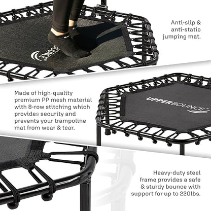 Upper bounce Mini Workout Trampoline Adjustable tshaped handrail – Hexagonal rebounder Trampoline Kids & Adults – Fitness Recreational Trampolines, Supports up 220lbs. (Black, 40 Inches)