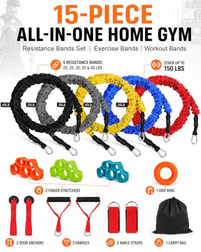 Resistance Bands Set with Protective Nylon Sleeves, 15-Pack Anti-Snap Exercise Bands (Up to 150 lbs), Heavy Duty Workout Bands with Handles, Door Anchor, Ankle Straps for Resistance Training