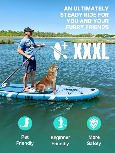 Niphean (Extra Large) Inflatable Paddle Board, SUP for 2+1 People/Family 500lbs Capacity Stand Up Paddle Board with SUP Accessories, StabilTrac Fin Non-Slip Paddleboard for Adults - color: Sky Blue