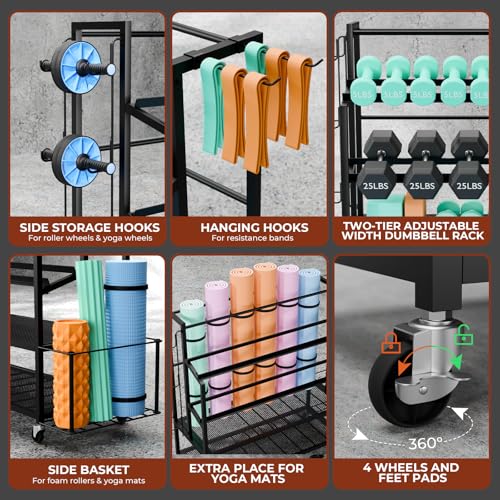 XL Dumbbell Rack Weight Stand - Upgraded 4-Tier Adjustable Weight Rack for Dumbbells, Home Gym Storage Rack for Yoga Mat Kettlebells, Workout Equipment Storage Organizer With Wheels and Hooks
