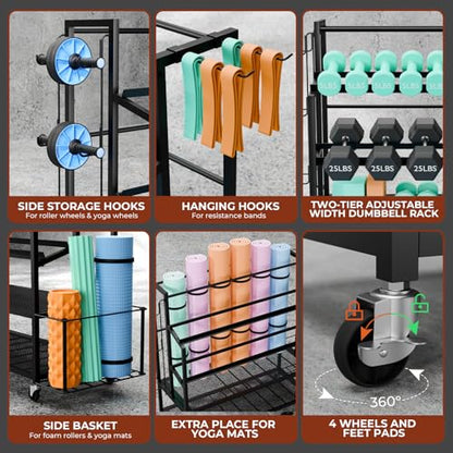 XL Dumbbell Rack Weight Stand - Upgraded 4-Tier Adjustable Weight Rack for Dumbbells, Home Gym Storage Rack for Yoga Mat Kettlebells, Workout Equipment Storage Organizer With Wheels and Hooks