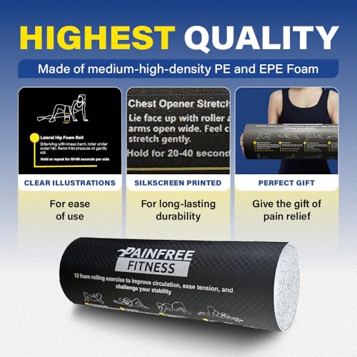 Foam Roller with Printed Exercises - 17.7''x 6'' Lightweight EPE/PE Exercise Roller Foam - Includes 12 Guided Stability, Mobility & Recovery Moves - Dual Color Instructional Design