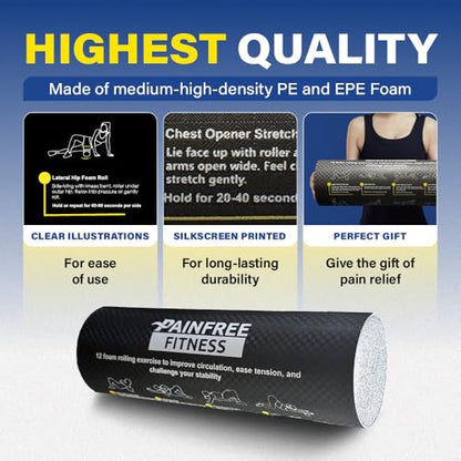 Foam Roller with Printed Exercises - 17.7''x 6'' Lightweight EPE/PE Exercise Roller Foam - Includes 12 Guided Stability, Mobility & Recovery Moves - Dual Color Instructional Design