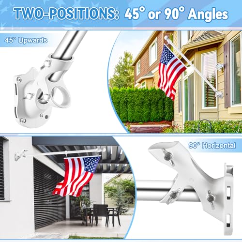 Flag Pole Brackets for House, REERON 2-Positions Metal 1" Flagpole Holder Mounts, Aluminium Rustproof Outside Flag Pole Wall Porch Mounting Bracket with 3 Fixed Holes & Steel Hardwares (White-2 Pack)