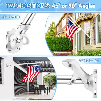 Flag Pole Brackets for House, REERON 2-Positions Metal 1" Flagpole Holder Mounts, Aluminium Rustproof Outside Flag Pole Wall Porch Mounting Bracket with 3 Fixed Holes & Steel Hardwares (White-2 Pack)