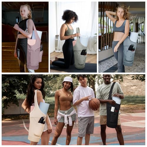 sportsnew Yoga Mat Bag, Large Opening Long Tote Yoga Mat Carrier Holder Bag with Waterproof Wet Pocket and Drawstring Water Bottle Pocket, Adjustable Shoulder Strap Storage Bag, patent pending
