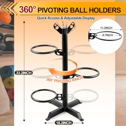 Zonon Medicine Ball Rack for Home Gym, 4-Tier Vertical Storage Stand with 360° Rotating Rings, 4 Balls Heavy Duty Steel Organizer for Yoga, Slam Wall Balls, Space Saving Gym Equipment Storage, Black