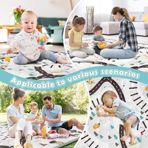 Palopalo 47x47 Foam Baby Floor Play Mat with Train Track Design - 0.8in Thick Cushioning Playmat for Safety, Non-Slip Playpen Mat for Infants & Toddlers, Perfect for Sensory & Motor Skill Development