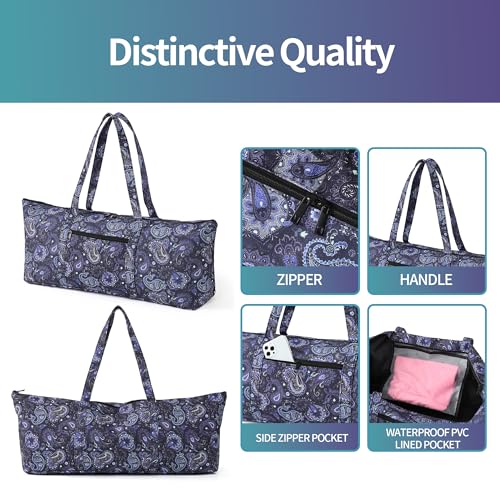 | Yoga Mat Bag | Large Yoga Mat Carrier with Wet Pocket | Yoga Gifts | Gym Tote Bag for Women - color: Tote-Blue Cashew Flower