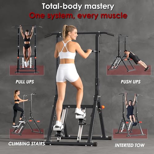SogesPower Foldable Pull Up Bar Station Power Tower with Stair Stepper,Adjustable Free Standing Pull Up Dip Station for Home Gym,Multi-Function Strength Training Workout Equipment
