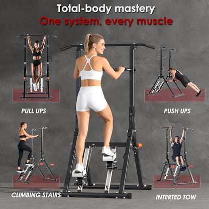 SogesPower Foldable Pull Up Bar Station Power Tower with Stair Stepper,Adjustable Free Standing Pull Up Dip Station for Home Gym,Multi-Function Strength Training Workout Equipment