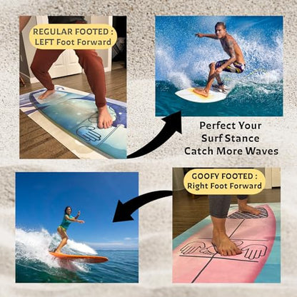 Surf Pop Up Fitness Mat, Ultra lightweight Travel Mat with Surfboard Design, Training tool for Surfers, Hand and Foot Positioning Guides to improve stance, QR code video link with Pop Up tips included on packaging - color: Blue And White