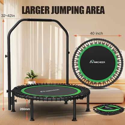 Bungee Rebounder Trampoline, ANCHEER 40" Foldable Fitness Trampoline with Resistance Ropes&Upgraded Bungees, 4 Level Adjustable Handlebar, 450LBS Capacity, Safe for Home/Cardio,Indoor/Outdoor