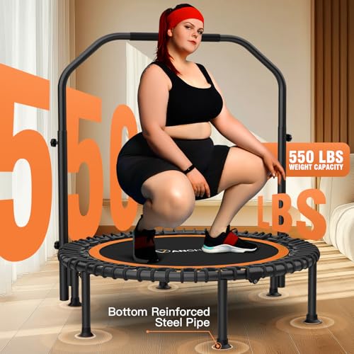 ANCHEER 48" Foldable Rebounder Trampoline for Adults/Kids with Resistance Bands and Bungees, Indoor & Outdoor Mini Trampoline with Bar and Safety Padding - Max Load 450lbs (Orange)