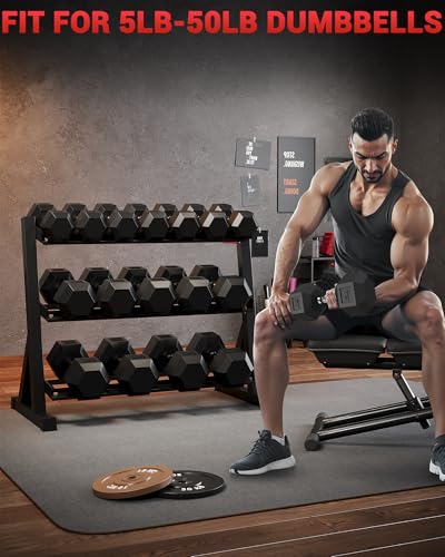 Heavy Duty 3-Tier Dumbbell Rack for Home Gym – Steel Weight Storage Stand, Angled Non-Slip Shelves, Rubber Guard, Holds 5/6 Hex Dumbbell Pairs, 480/800/1000 LB Capacity, Black