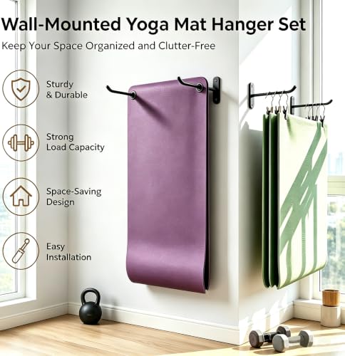 Yoga Mat Wall Mount Hanger,Metal Yoga Mats Storage Rack, Home Gym Storage with 8 Clips, No-Roll Flat Storage for Folded/Rolled Mats, Foam Rollers, Black Wall Organizer for Gym, Yoga Studio, Bedroom