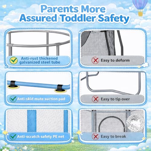 55" Trampoline for Kids with Enclosure, 4-in-1 Toddler Trampoline Indoor Outdoor, 440lbs Capacity Upgrade Trampolines with Adjustable Gymnastics Bar & Toys, for Boys & Girls, Easy to Assemble