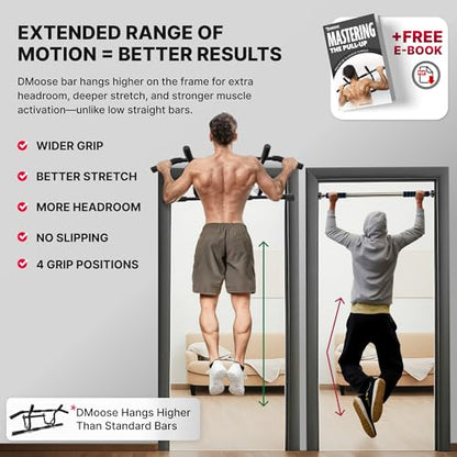 DMoose Fitness Pull Up Bar for Doorway - Upto 250 Lbs Capacity, No Screwing or Slipping, Hanging Pullup & Chin Up Bar for Door Frame - Multi Padded Grips for Strength Training with Installation Guide
